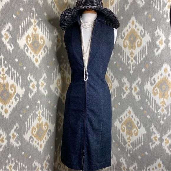 Ralph Lauren Midnight Indigo Wash Cotton Stretch Denim Lamb Leather Sheath Dress - Picture 10 of 15